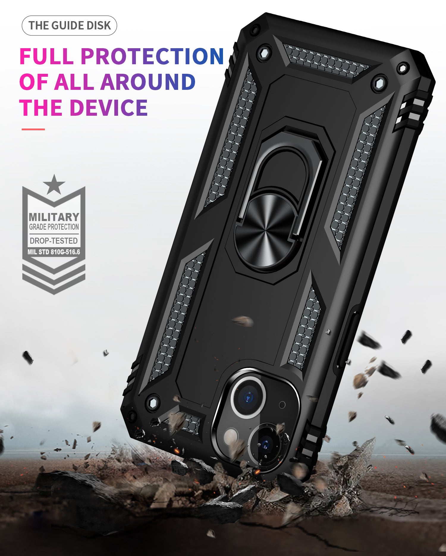 Rugged phone case with military-grade protection features on a gray background