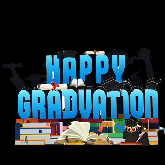 Graduation-themed decorative sign with books, graduation caps, and 'Happy Graduation' text on a white background.