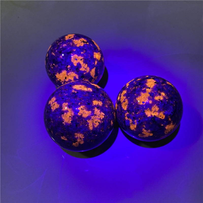 Three glowing blue and orange spheres on a dark background