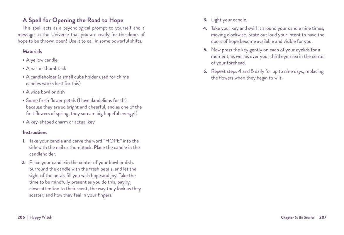 Page from a book or manual with instructions for a spell opening the road to hope, including text and numbered steps.