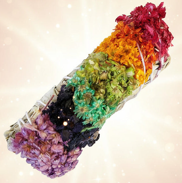 Colorful crystal bundle with red, orange, green, and purple hues on a white background