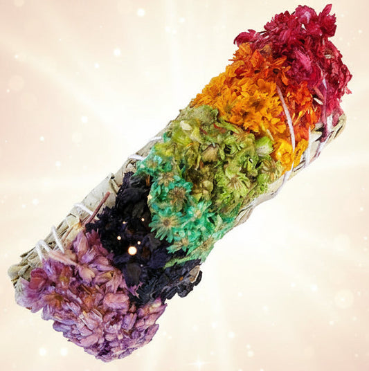 Colorful crystal bundle with red, orange, green, and purple hues on a white background