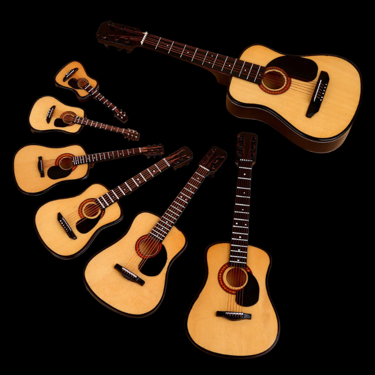 Set of six acoustic guitars arranged in a circular pattern on a beige background