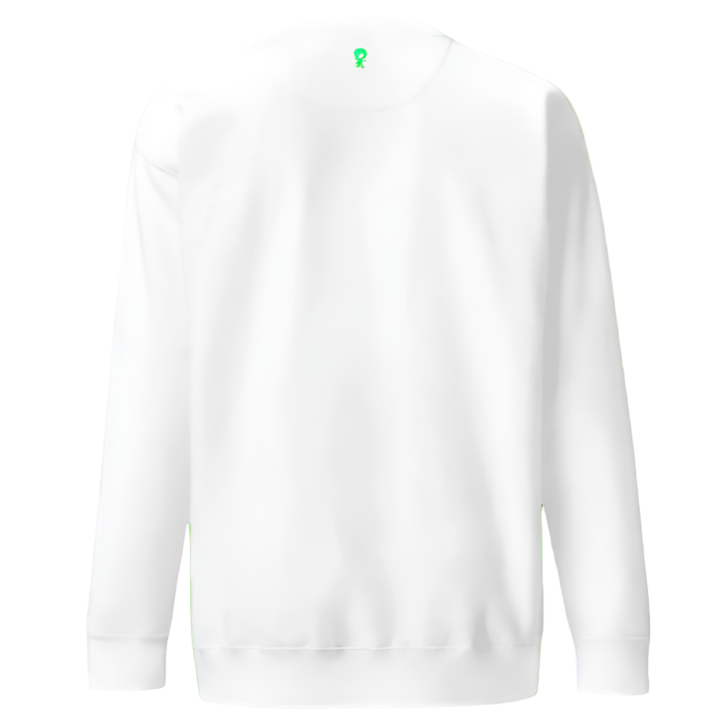 White sweatshirt with a green logo on a white background