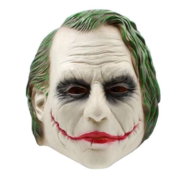 Latex Joker mask with detailed features against a dark, eerie background