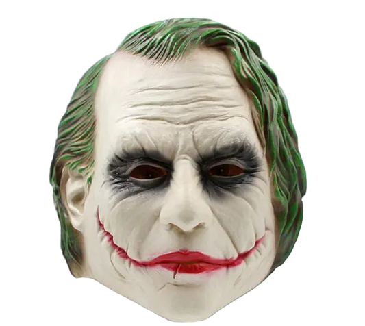 Latex Joker mask with detailed features against a dark, eerie background