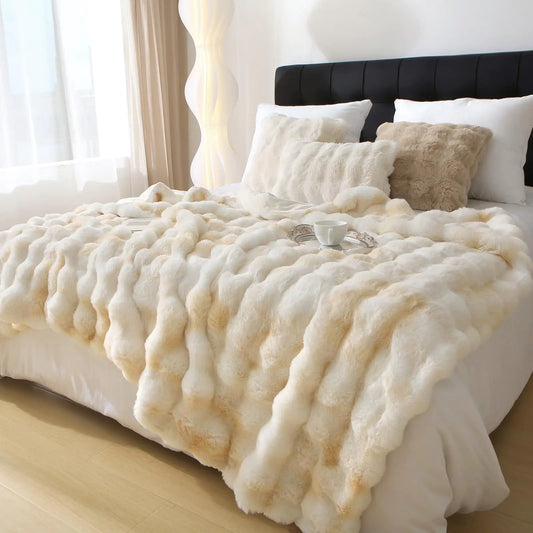 Luxury Faux Rabbit Fur Ultra-Plush Cozy Soft Decorative Blanket (Beige60"*80")
