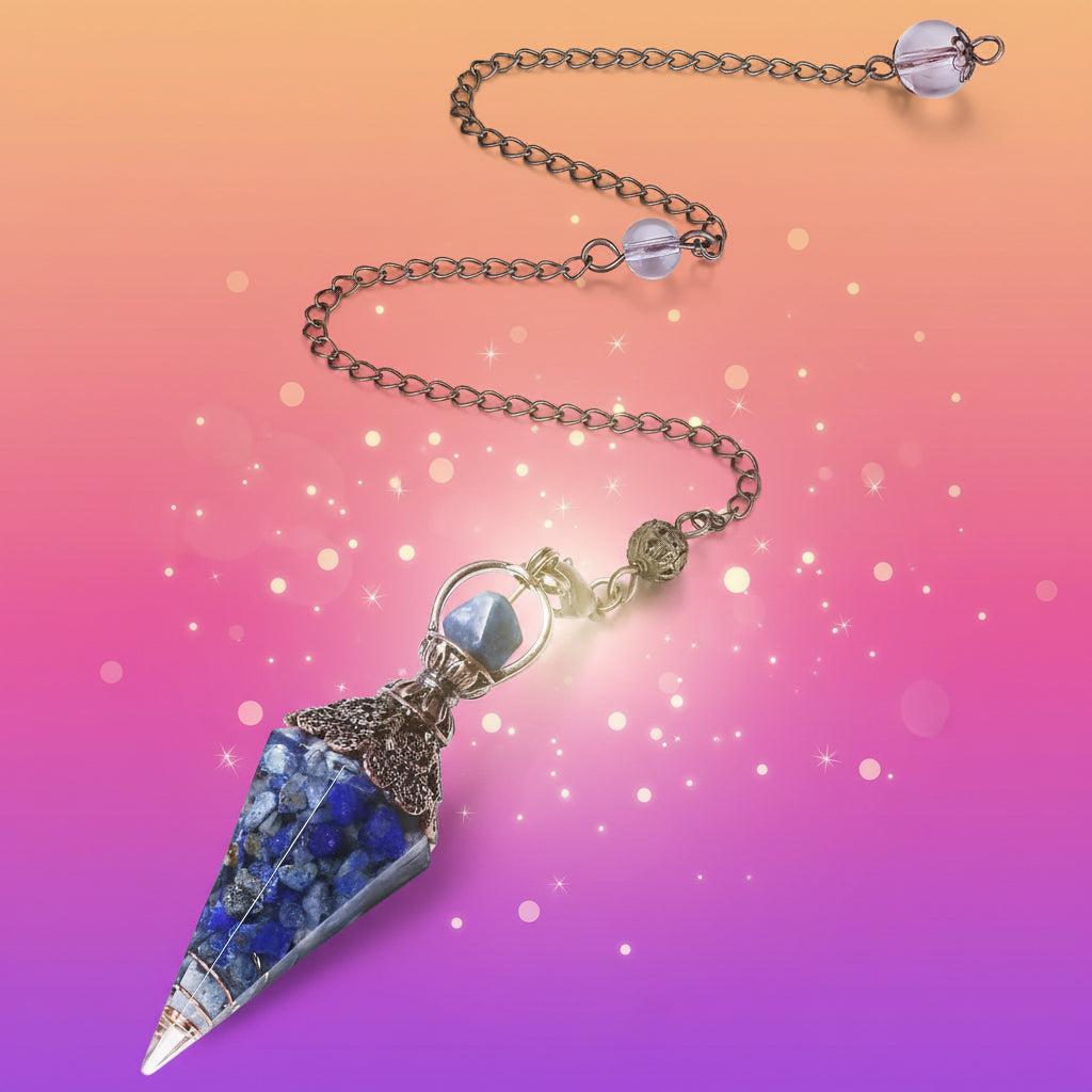 Necklace with a blue stone pendant on a white background