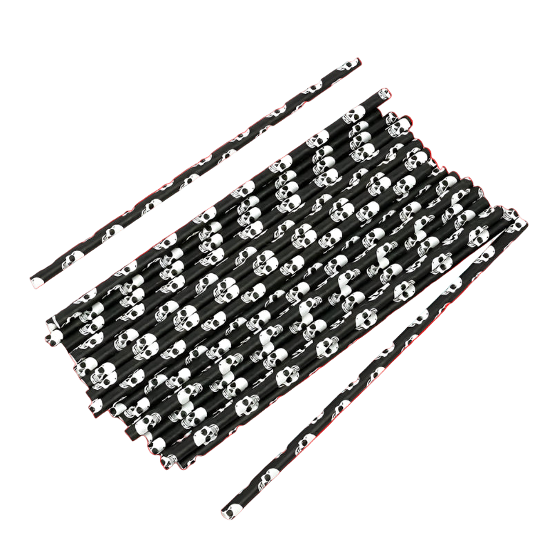 Black straws with white skull patterns on a white background