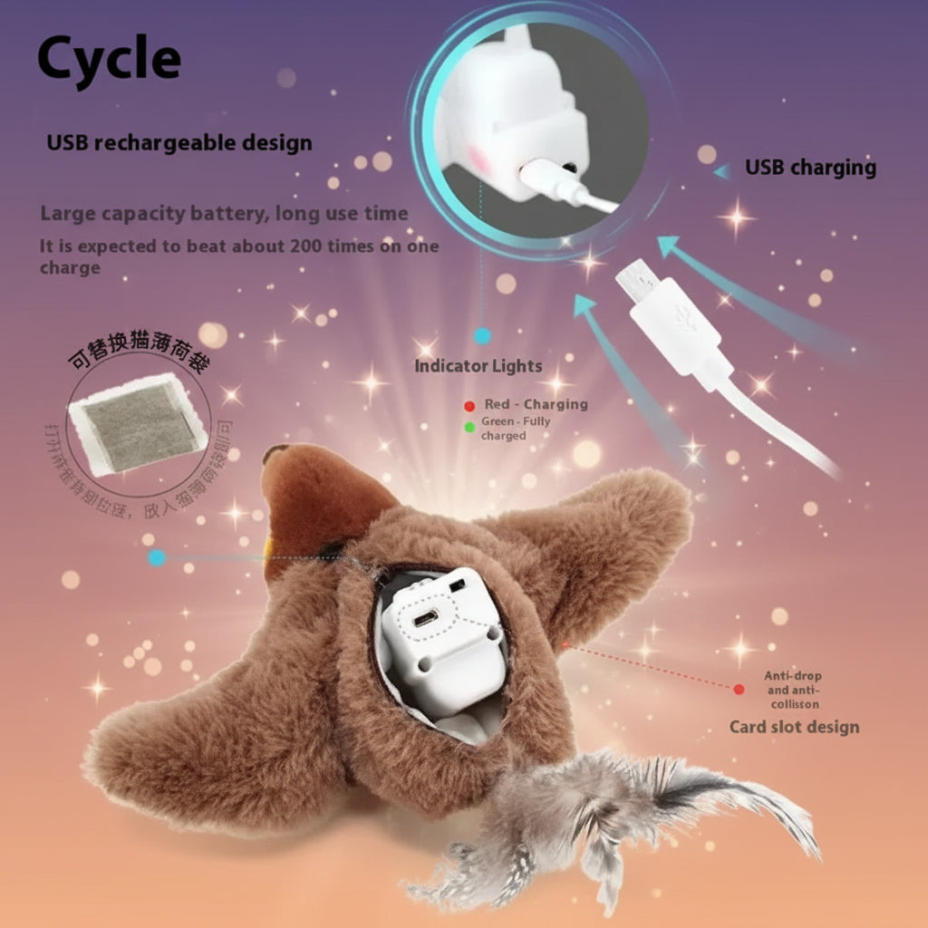 USB rechargeable cat toy with charging mechanism and indicator lights on a white background