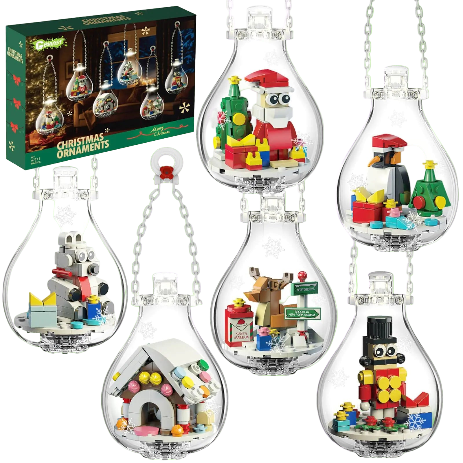 Set of Christmas-themed LEGO-style decorations in clear bulb-shaped containers with a box in the background.