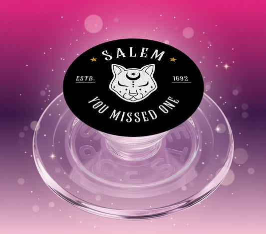 Phone pop socket with Salem design and text on a clear background