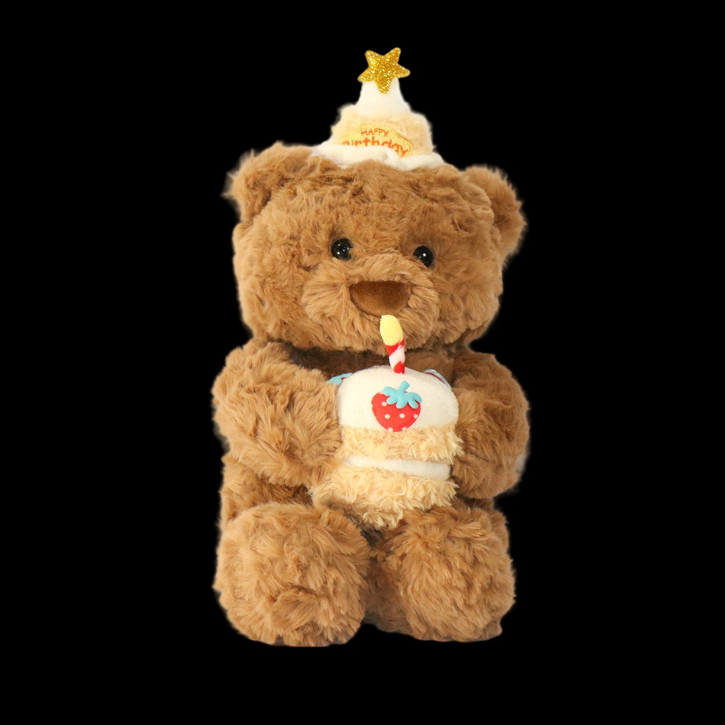 Plush teddy bear with a birthday cake and candle on a white background