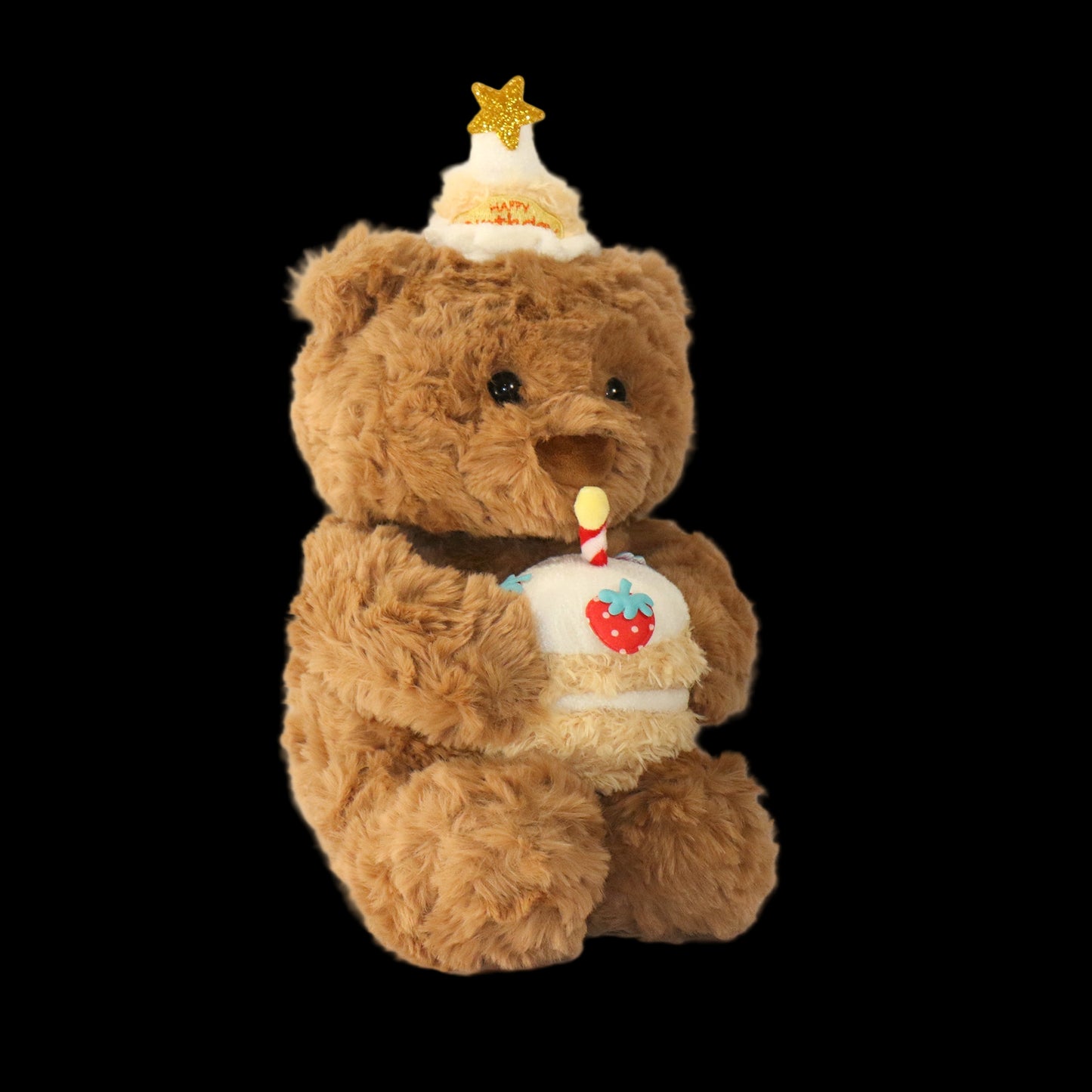 Plush teddy bear with a cake and candle on a white background