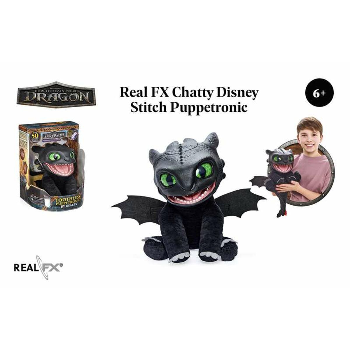 Plush dragon toy with packaging and person holding it, featuring Real FX branding.