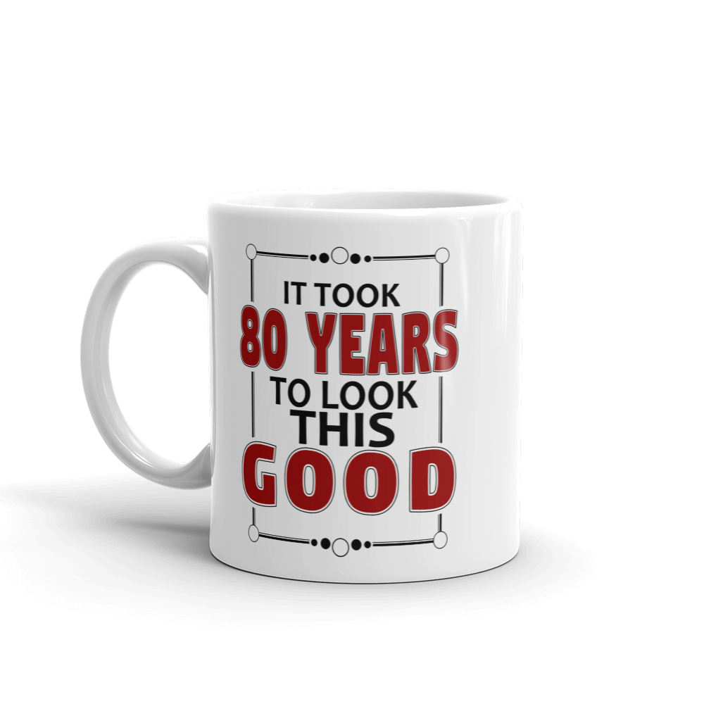 White mug with humorous text design on a white background