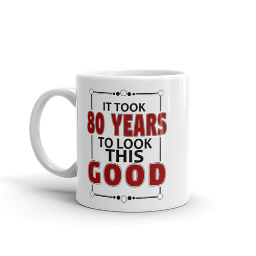White mug with humorous text design on a white background