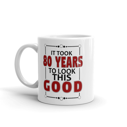 White mug with humorous text design on a white background