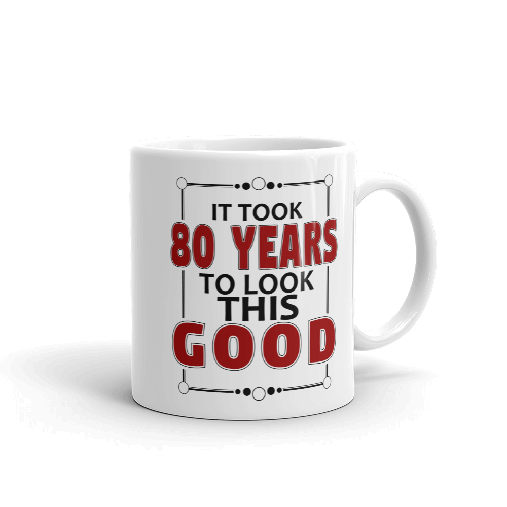 White mug with humorous text design on a white background