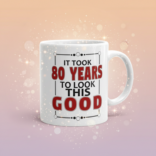 White mug with humorous text design on a white background