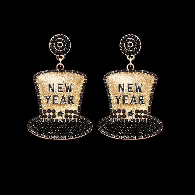 New Year's eve themed earrings with top hat design on a white background