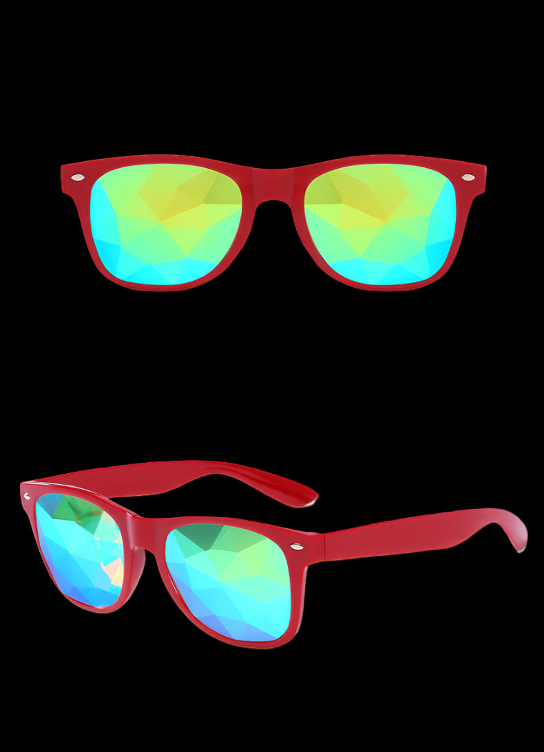 Red sunglasses with multicolored lenses on a white background
