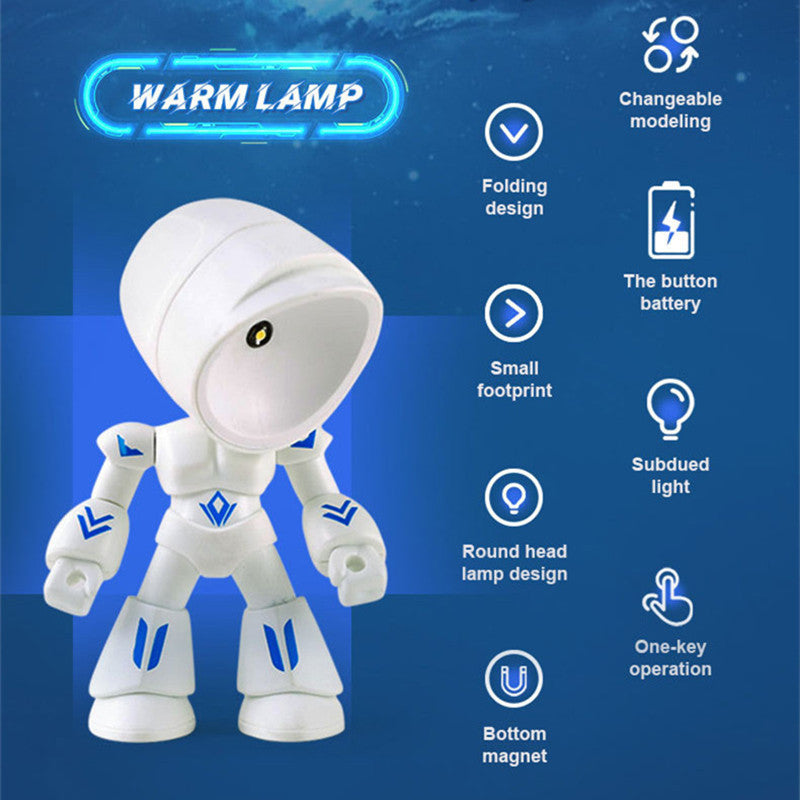 White robot-like lamp with features listed on a blue background