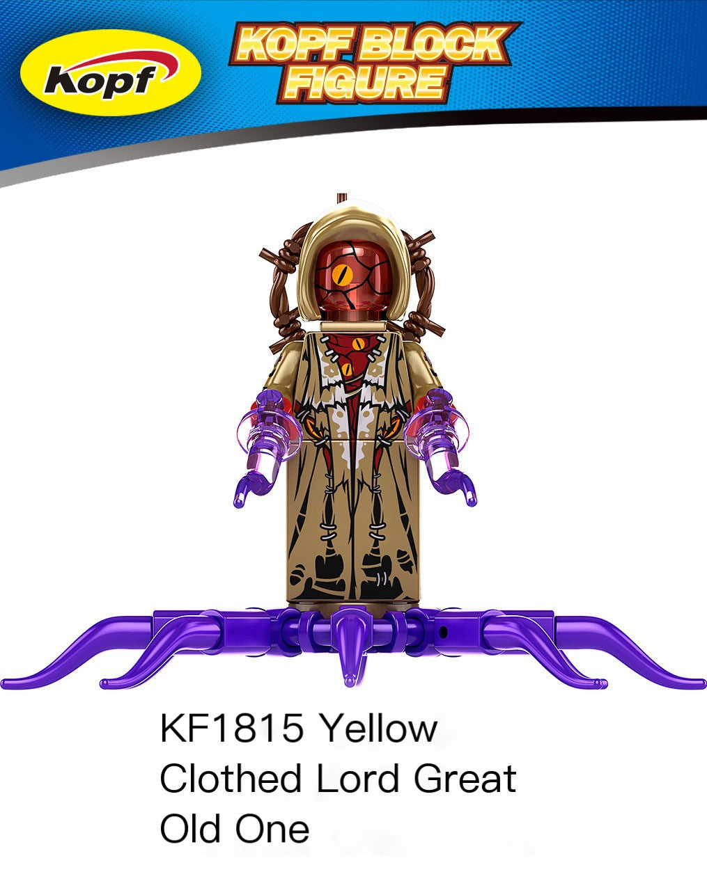 Kopf Block Figure toy with purple accents on a white background