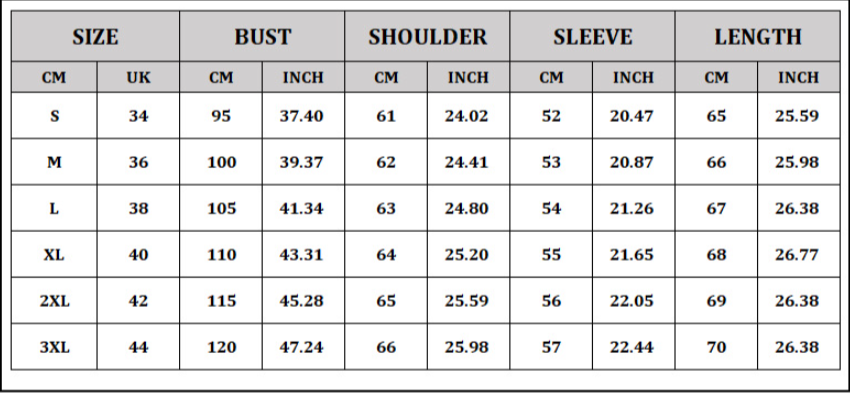 Measurement chart for clothing with sizes S to 3XL, featuring brand 'Ruishengjia'.