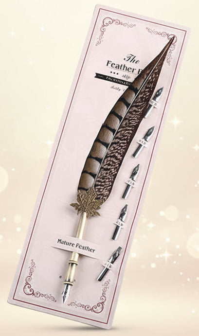 Feather pen with packaging on a white background