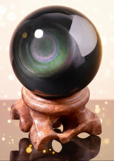 Crystal ball on a wooden stand with a dark background