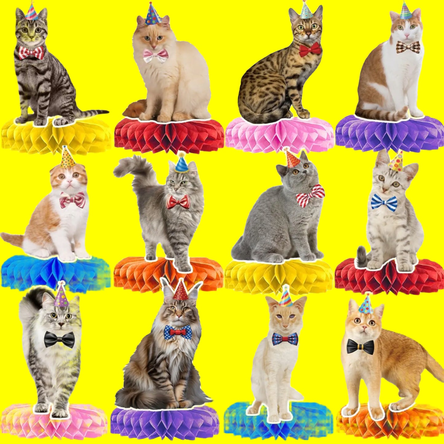 Multiple cats wearing party hats and bow ties on colorful stands.