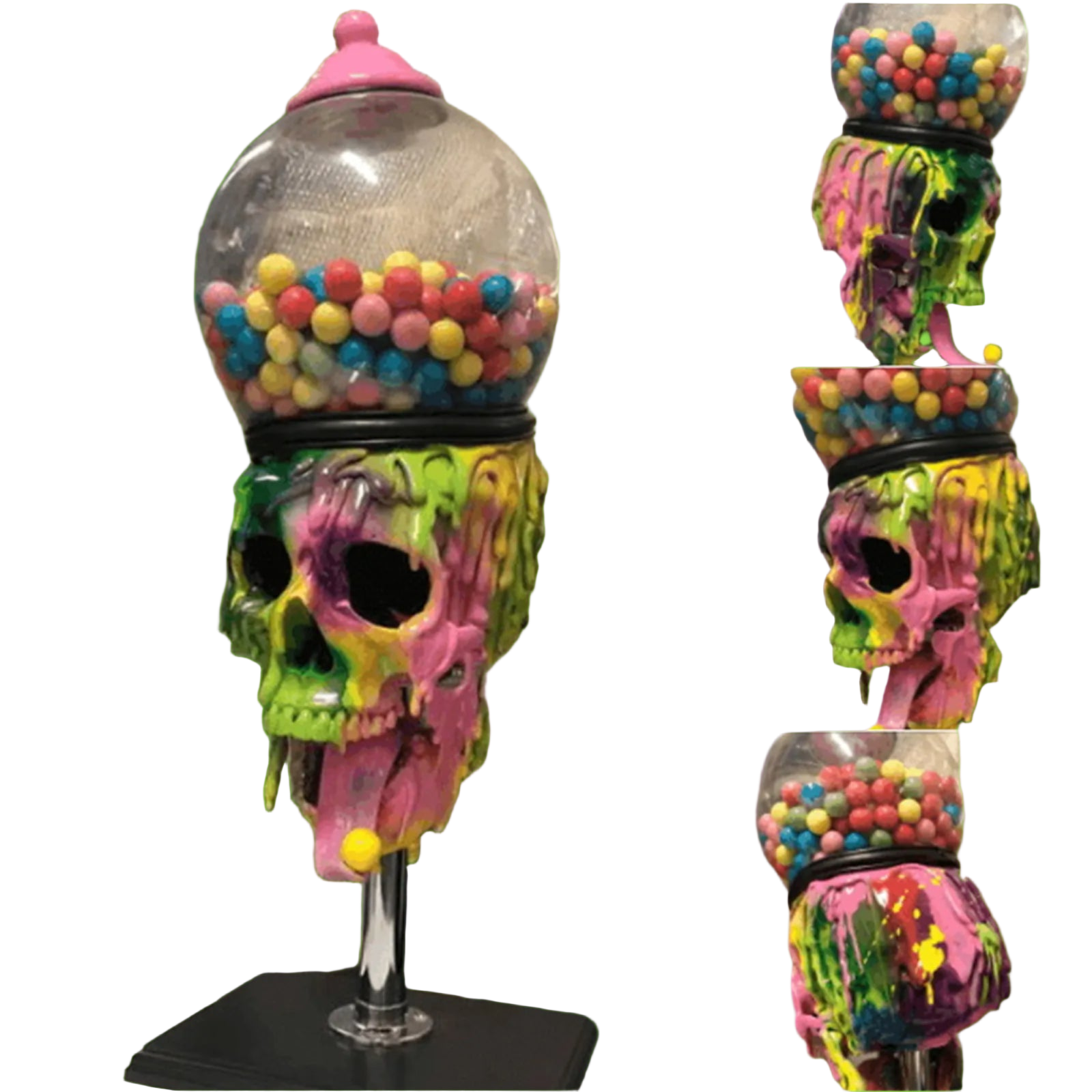 Colorful skull-shaped gumball machine with multicolored gumballs on a metallic background.