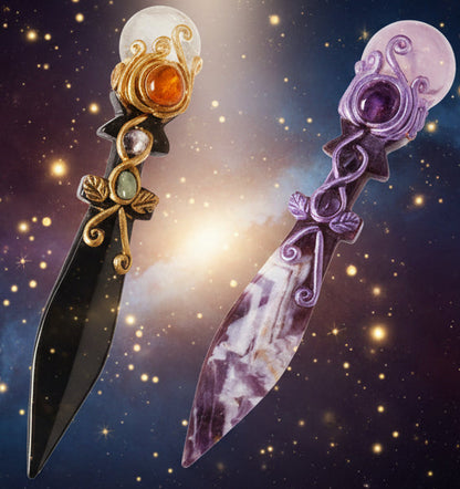Magic Daggers Witchcraft Tools for Altar | Obsidian & Amethyst Crystal - Lucky Girl Gifts