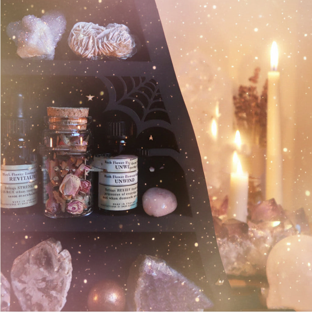 Potion bottles, crystals, and candles on a shelf with a mystical ambiance.