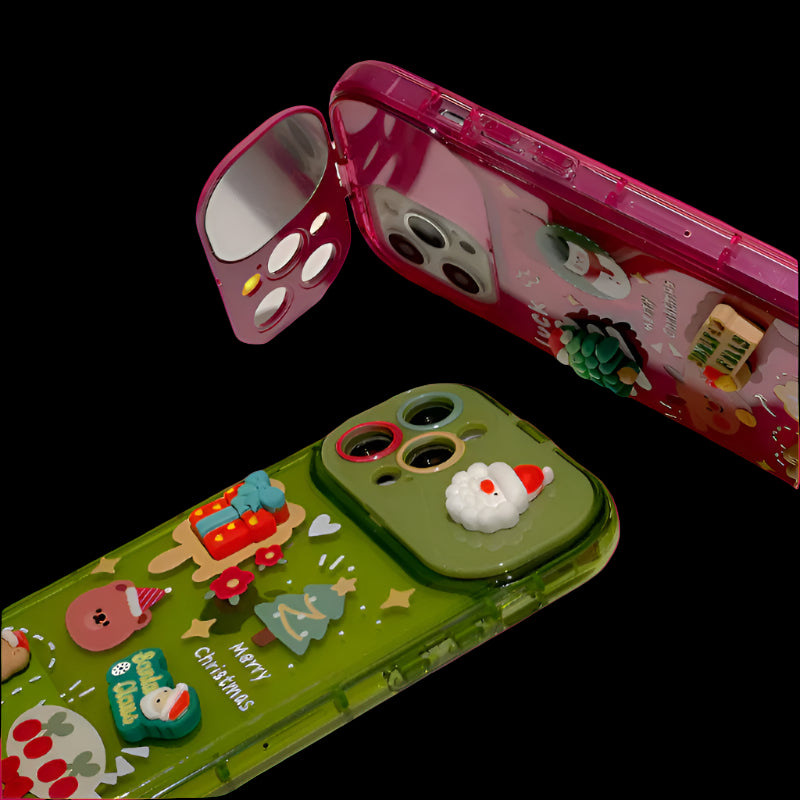 Two phone cases with Christmas-themed designs on a light background