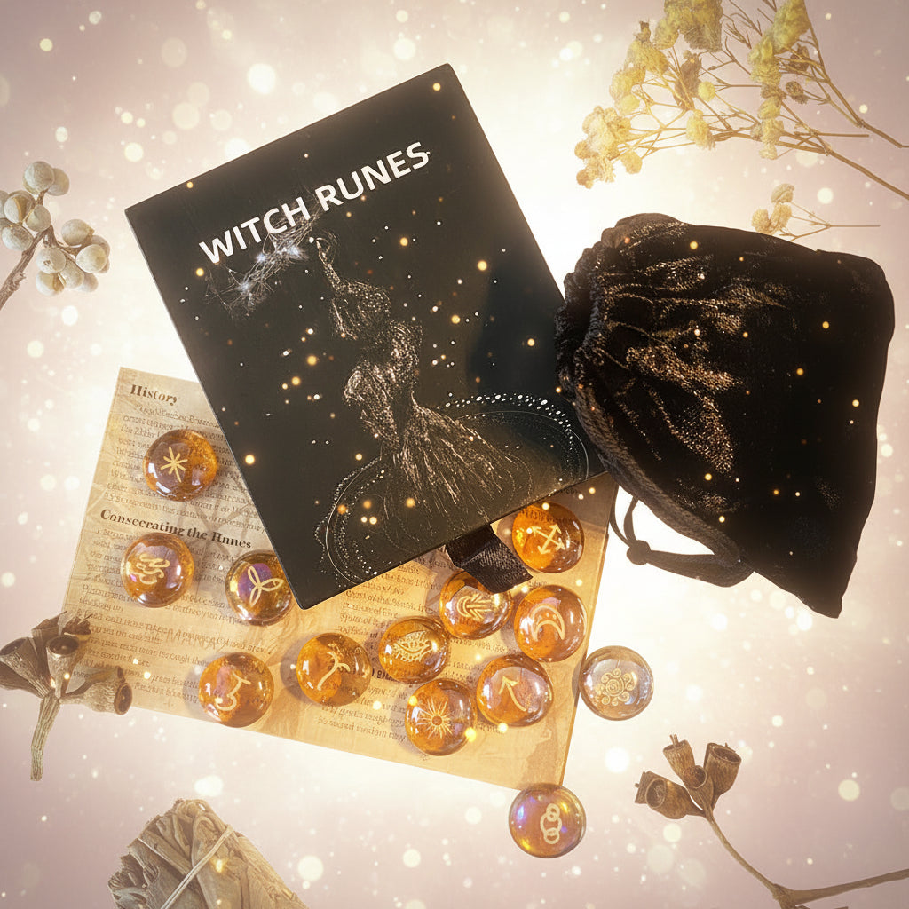 Witch Runes set with rune stones and book on a dark surface