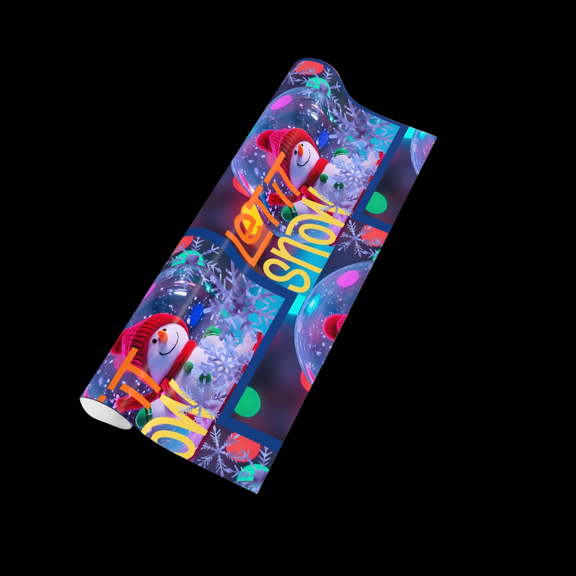 Colorful gift wrap with snowmen and 'Merry Christmas' text on a white background