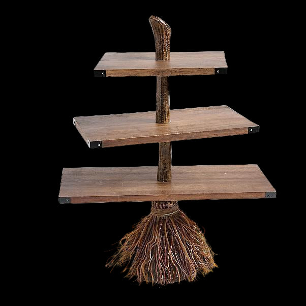 Three-tier wooden shelf with rustic design on a white background