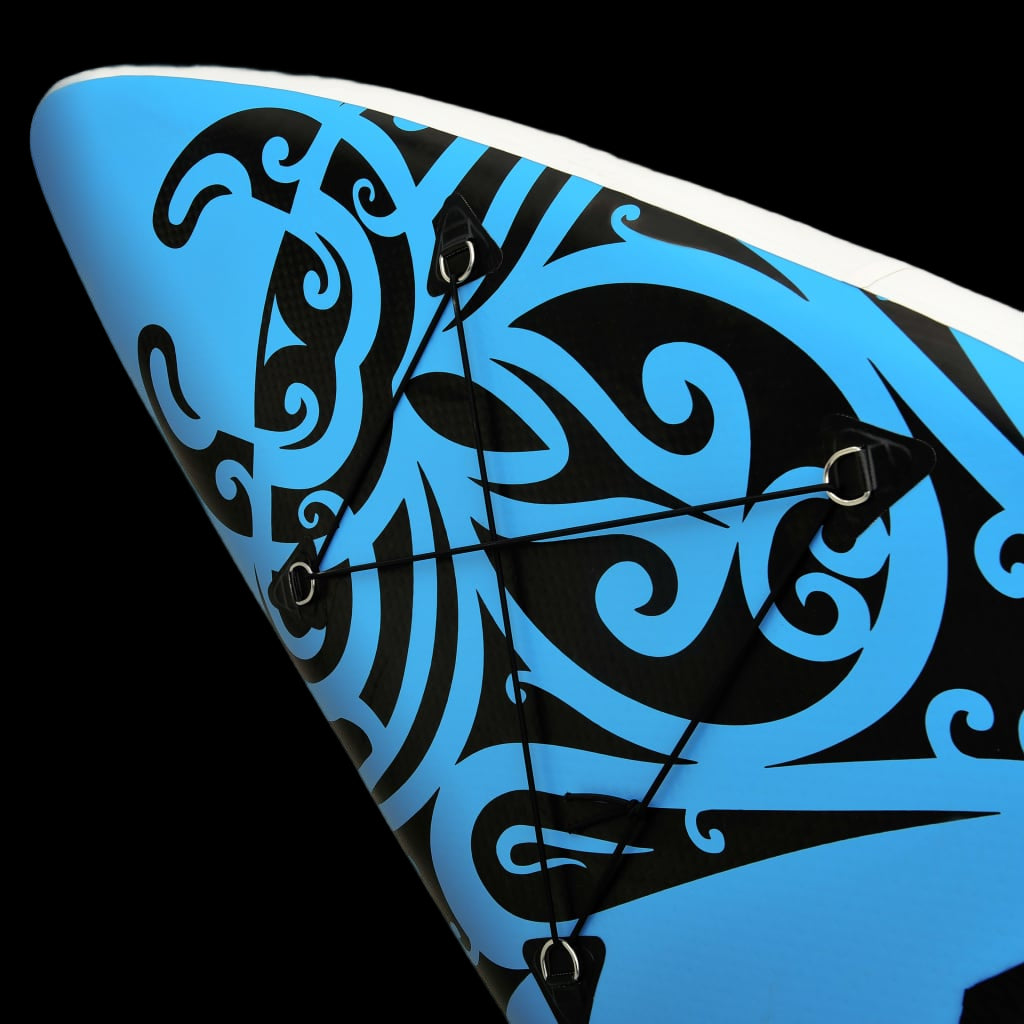 Close-up of a surfboard with blue and black tribal patterns on a white background