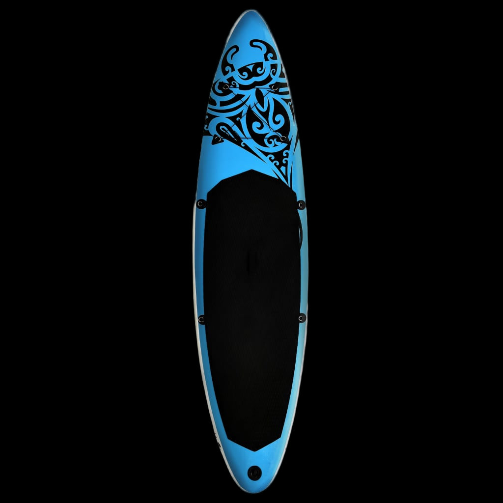 Blue and black paddleboard with a decorative pattern on a white background