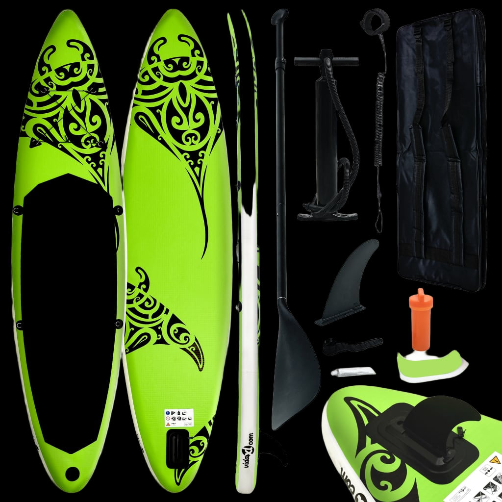 Green and black paddleboard set with accessories on a white background