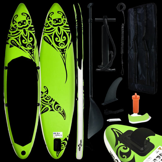 Green and black paddleboard set with accessories on a white background