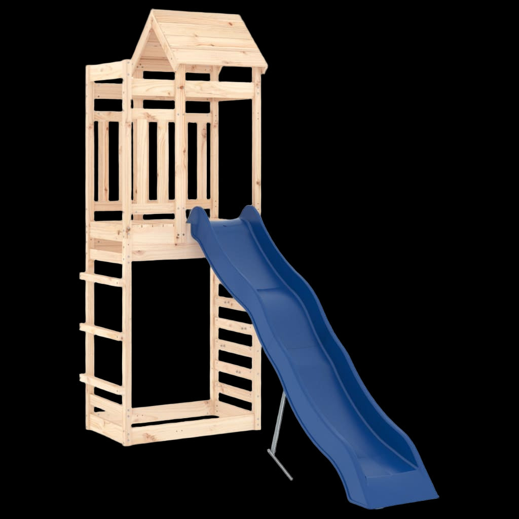 Wooden play tower with a blue slide on a white background