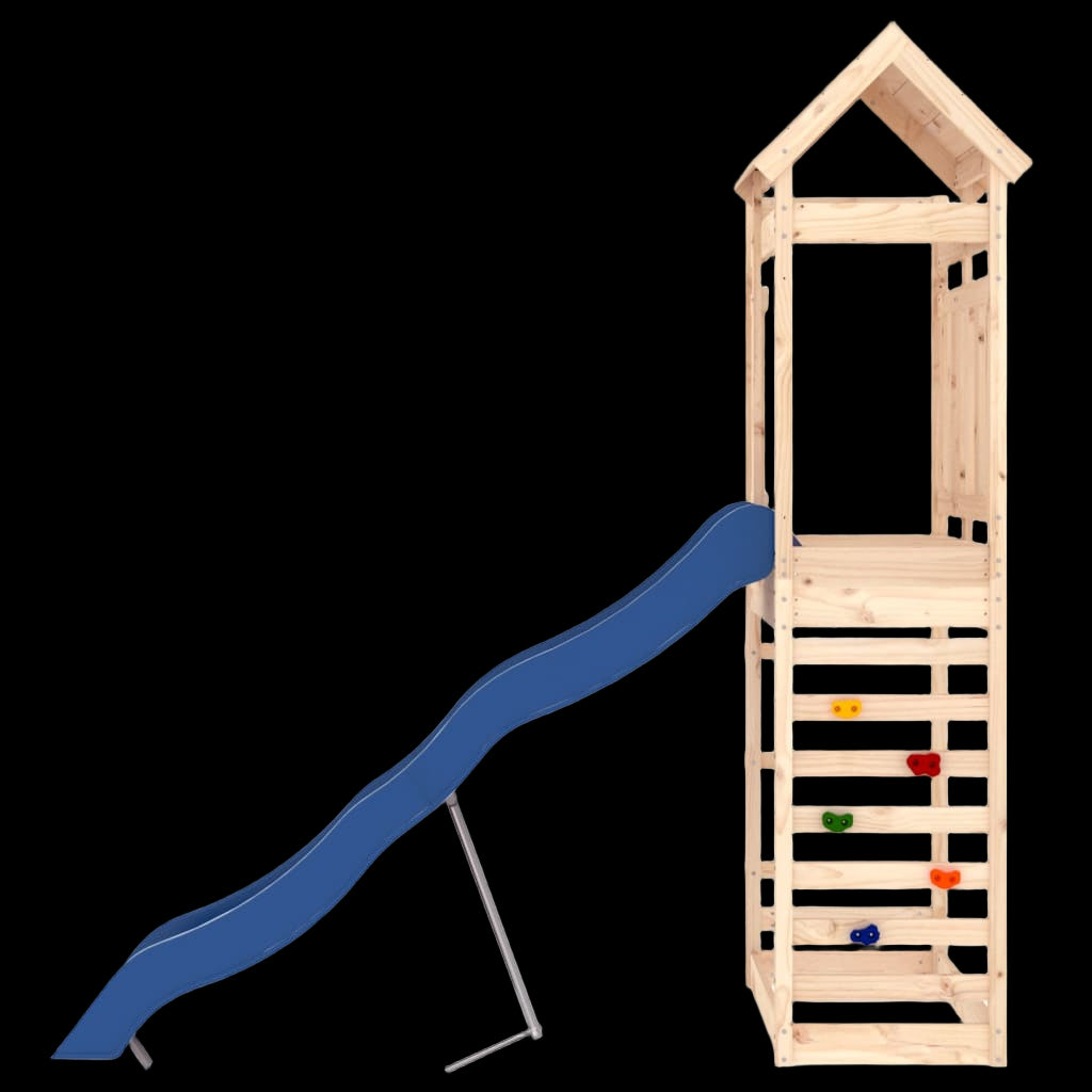 Wooden play tower with a blue slide on a white background