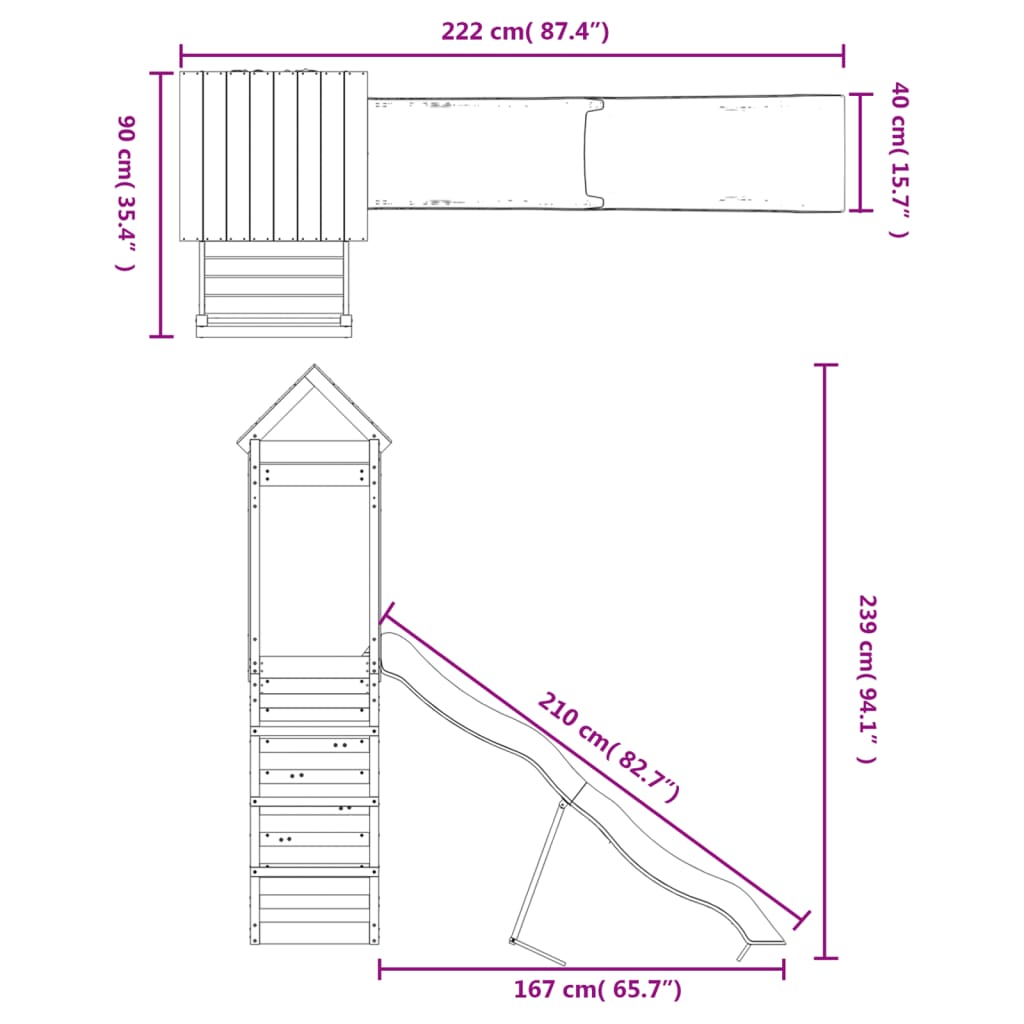 Dimensions of a wooden playhouse with measurements in centimeters and inches.