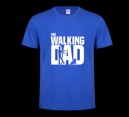 Blue t-shirt with 'The Walking Dad' graphic design on a white background