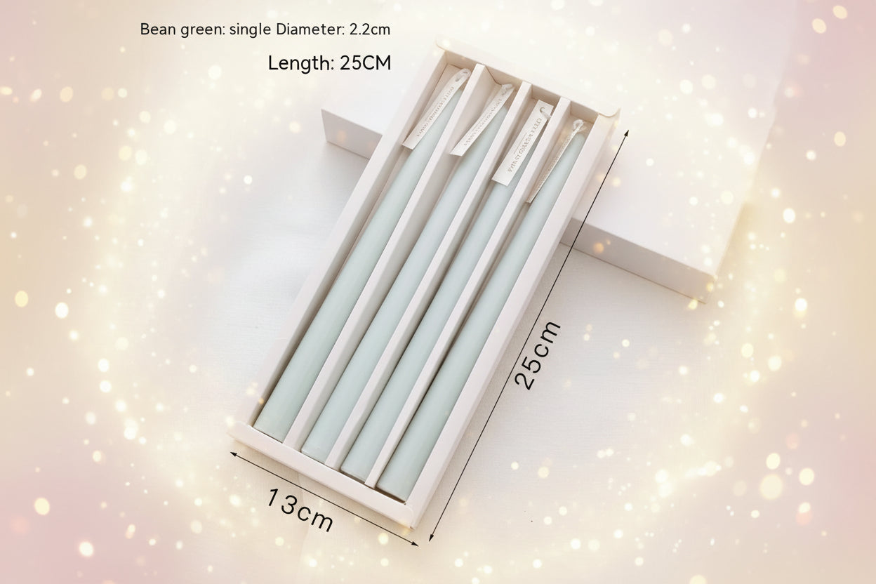 Set of bean green candles in a box with dimensions on a white background