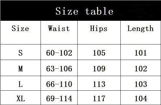 Size chart for clothing with waist, hips, and length measurements.