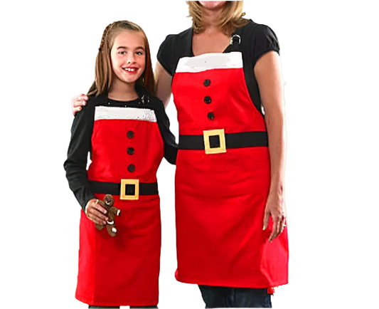 Two people wearing matching red aprons with black buttons and a belt in a kitchen.